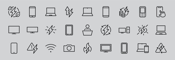 SMART devices and gadgets linear icons set, vector, contains icons computer, camera, laptop, phone, web devices, electronic appliances, and much more. Editable stroke