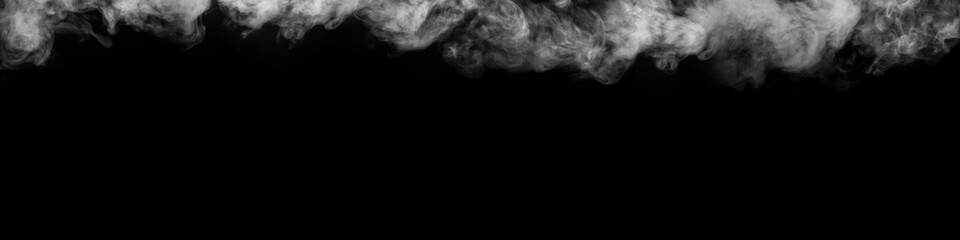 Panorama of steam, smoke, gas isolated on a black background. Swirling, writhing smoke to overlay on your photos. Smoky banner