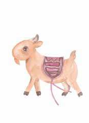 Cute goat watercolor flat illustration isolated on white background. A goat with a red saddle with strings. Farm goat cartoon character