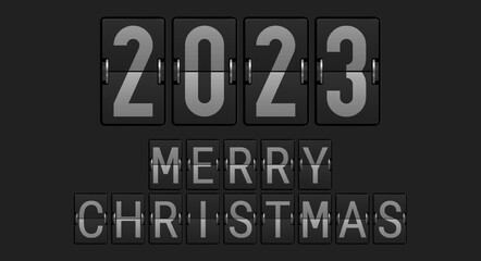 Airport display font. Merry Christmas and happy New Year 2023 background. Christmas greeting card template. 3D vector illustration.