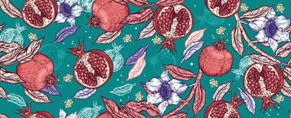 Bright seamless pattern with pomegranate fruits and flowers. Floristics. Vintage graphics.