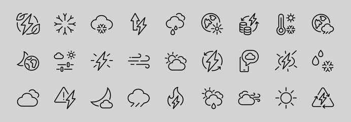 WEATHER set of icons, icons such as weather forecast and clouds, wind, rain, snow, weather settings and sunny weather and much more. Editable stroke, simple vector lines