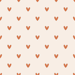 Seamless pattern retro 70s hippie. Minimalistic background with red heart in vintage style. Illustration with positive symbols for wallpaper, fabric, textiles. Vector