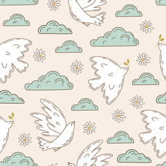 Seamless pattern retro 70s hippie. Background with peace dove and cloud in vintage style. Illustration with positive symbols for wallpaper, fabric, textiles. Vector - 524232400