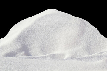 Pile of natural snow for mockup and copy space isolated on black background