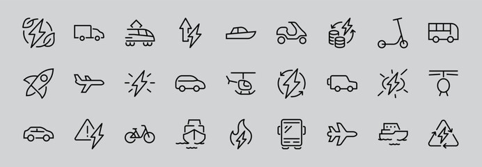 Set of public transport related vector line icons. Contains icons such as bus, bike, suitcase, car, scooter, truck, transport, trolley bus, sailboat, motor boat, plane and much more. Editable stroke