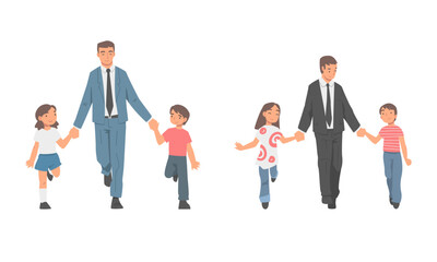 Fototapeta premium Dad holding hands his daughter and son set. Father taking his children to school cartoon vector illustration