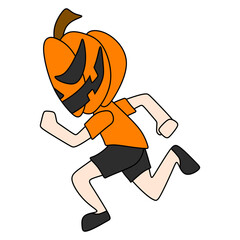 An illustration of a running Halloween pumpkin character