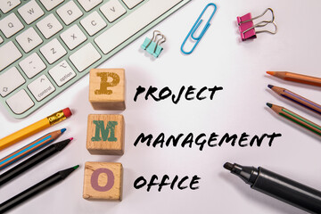 PMO - Project Management Office. Office supplies on the table