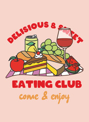 PICNIC EATING CLUB FRUITS FOOD DRINK CAKE CHEESE APPLE MELON BREAD SLOGAN GRAPHIC VECTOR