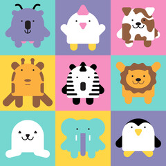 Cute squared shape colorful animal set
