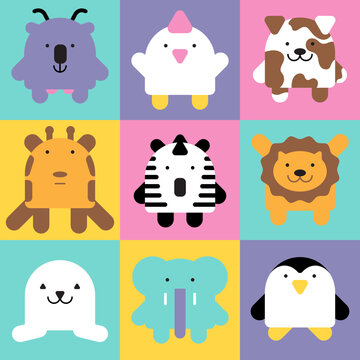 Cute squared shape colorful animal set