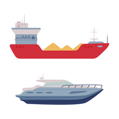 Obraz premium Set of water transport. Side view of freighter ship and yacht cartoon vector illustration
