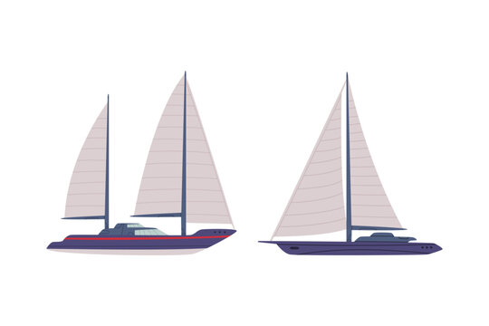 Set of water transport. Side view sailboats cartoon vector illustration