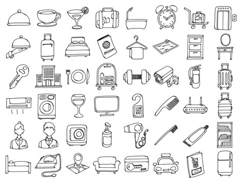 Hotel Doodle Vector Icon Set. Drawing Sketch Illustration Hand Drawn Line Eps10