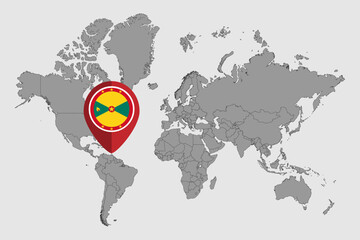 Pin map with Grenada flag on world map. Vector illustration. - obrazy, fototapety, plakaty