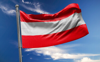 Austrian Flag is Waving Against Blue Sky with Clouds