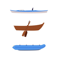 Set of water transport. Side view of life raft, catamaran and wooden rowboat cartoon vector illustration