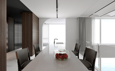 Modern Dining and kitchen interior with dining table and chairs. 3D illustration