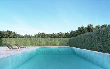 Fototapeta na wymiar Beautiful swimming pool falling around with tall shrubbery, with daybeds on the side. natural atmosphere and have a light sun. 3D illustration