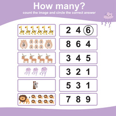 Match game count and circle the correct answer for children. Printable mathematic worksheet for preschool. Educational printable worksheet. Vector illustration.