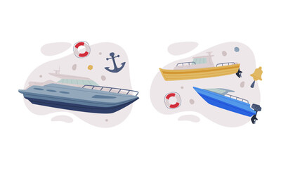 Sea water transport set. Motorboat and powerboat cartoon vector illustration