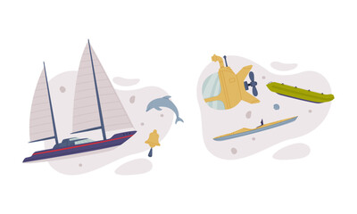 Maritime transport set. Sailboat, submarine, catamaran and raft cartoon vector illustration