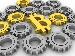 3d illustration bitcoin sign currency with gear
