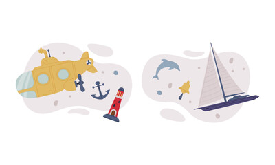 Naklejka premium Maritime transport set. Sailboat and submarine cartoon vector illustration