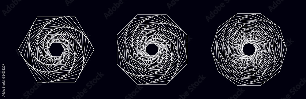 Poster vector set of twisted geometry figures. spirals fractal element. sacred geometry with lines in the f