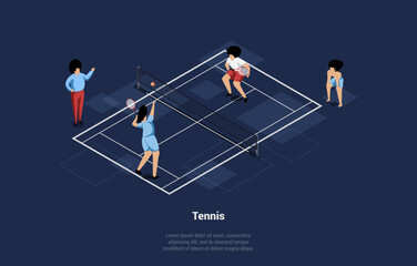 Concept Of Tennis Play And Sports Academy. Baseball Team Is Playing Match. Team Player Serves Ball To The Opponent. Referees and Fans are Watching the Game. Isometric Cartoon 3D Vector Illustration