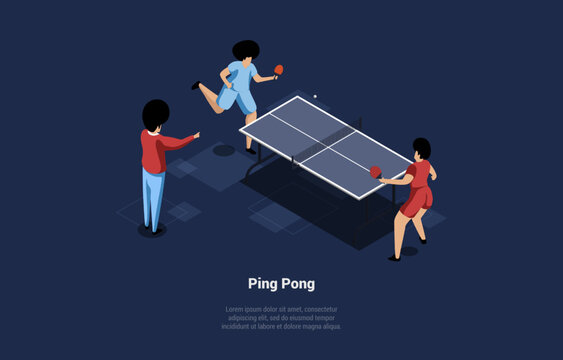 Concept Of Ping Pong Play And Sports Academy. Ping Pong Team Playing Match. Team Player Serves Ball To The Opponent. Referees and Fans are Watching the Game. Isometric Cartoon 3D Vector Illustration