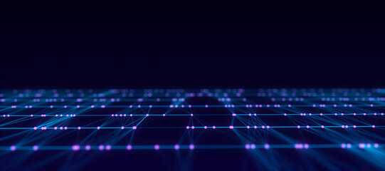 Wave of particles and lines. Big data visualization. Abstract background with a dynamic wave. 3d rendering.
