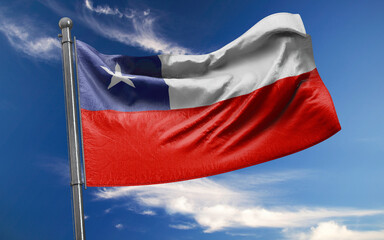Chile Flag is Waving Against Blue Sky with Clouds