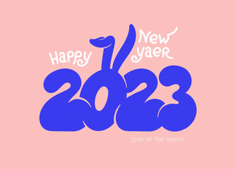 Happy New Year 2023, group of cute blue funny numbers 2023 lettering. Number zero with bunny ears. Cute wildlife animal cartoon drawing. Kids vector illustration isolated on pink background.