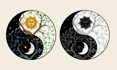Yin Yang symbol set, Tree of life, day and night, sun and moon, unity and opposite - obrazy, fototapety, plakaty