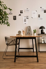 Aesthetic interior of home office interior with design chair, wooden desk, plants, shelf, office...
