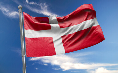 Naklejka na ściany i meble Danish Flag is Waving Against Blue Sky with Clouds