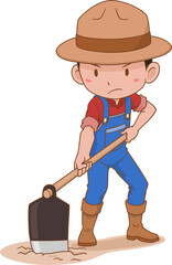 Cartoon character of farmer digging the ground.	