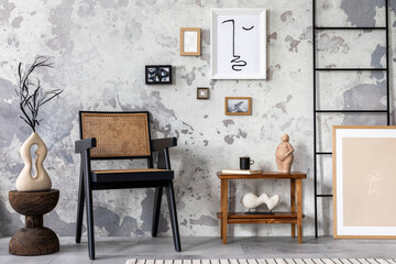 Loft style of modern apartment with design black chair, shelf, carpet and composition of wall art...