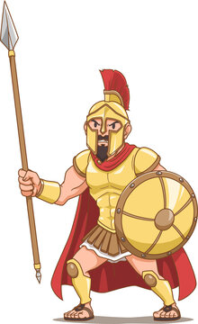 Cartoon character of Greek ancient warrior holding spear and shield.	