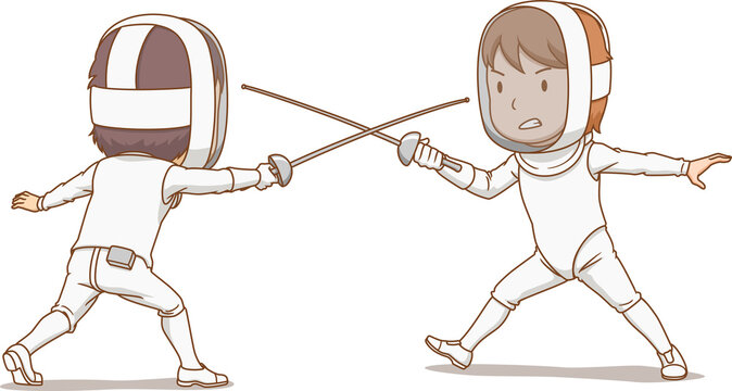 Cartoon illustration of fencing athletes.	