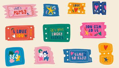 Cute, colorful, funny hand-drawn vector illustrated set of stamps and tickets. Trendy vector illustration with cute isolated elements with words and numbers. Party, love, and lucky tickets.