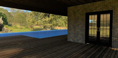 Covered terrace with pool on the roof of an advanced modern country house. Great view of open nature. 3d render.