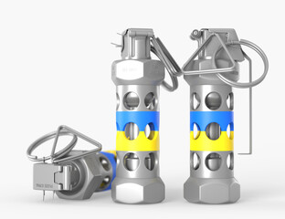 Fototapeta premium Flashbang grenades, light sounding ammunition or bombs with Ukrainian flag colors. Explosive military weapons for defense, equipment to stop russian aggression. Realistic 3d render set