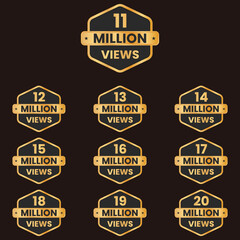 Fototapeta premium youtube 11 million views to 20 million views celebration thumbnail vector set, 20m plus views badge