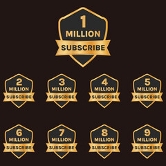 golden 1 million views to 9 million views celebration thumbnail vector set, 1m plus views badge