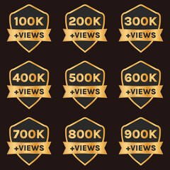 Obraz premium golden 100k views to 900k views celebration thumbnail vector set, 100k plus views badge