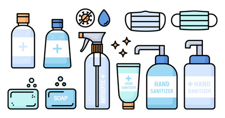 Icon set of antiseptics, hand soap and protective medical face mask. Spray bottles, dispenser, tube, liquid and gel. Protection against germs and viruses. Crossed out virus icon. Vector illustration.