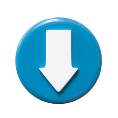 Blue glossy download icon isolated over white background. 3D rendering.